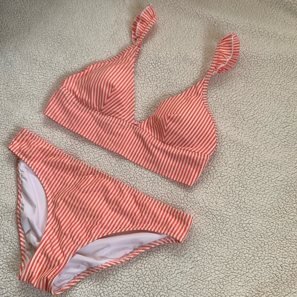 2 Piece Full Set Bathing Suit Red Stripes Bikini